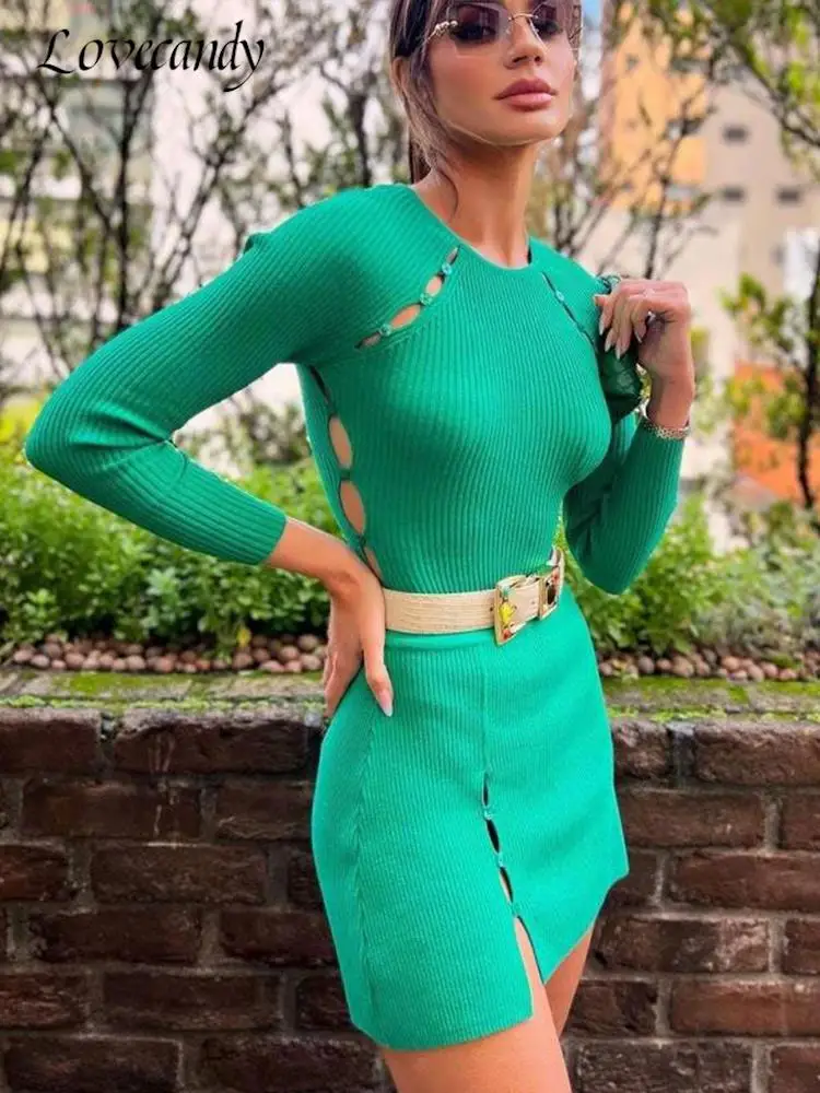 

Женский ажурный вязаный комплект с юбкой, Топ с длинным рукавом и круглым вырезом, мини-юбка с разрезом, повседневный уличный пуловер, облег...