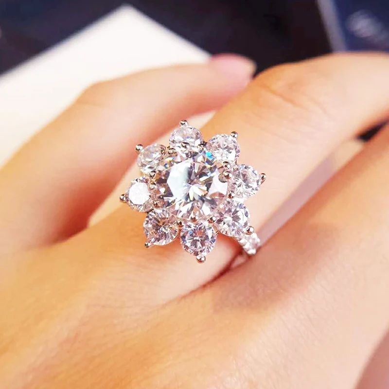 

NeeTim Real Moissanite Luxury Sun Flower Ring 2 Carat Diamond Lotus Ring Women Fancy Wedding Rings Sterling Silver Jewelry Gift