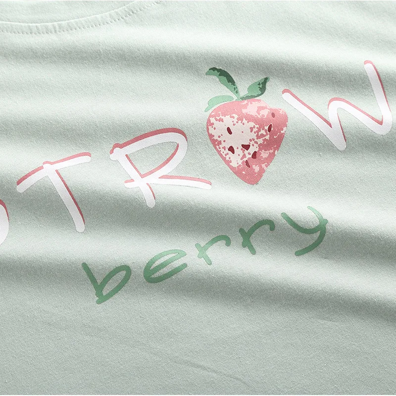 Qweek Strawberry Print Pajamas Cotton Two Piece Set Summer Pyjamas Women's Home Clothes Lounge Wear Sleepwear Homewear Pijamas