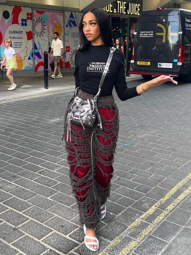 

Weiyao Women Fashion High Waist Patchwork Tassel Hollow Out Sexy Slim Pants Leggings Fall Outfits Y2K Streetwear Biker Sports