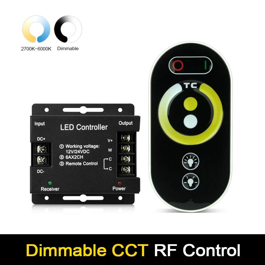 

CCT Dimmer Controller RF Remote Control For 12V 24V CCT Led Light Strip Touch Dimmer Panel WW CW 2700K to 6500K Changeable