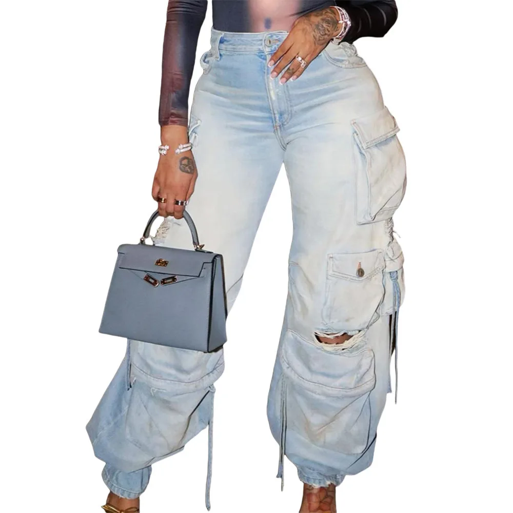 

2023 New Jeans Kpop High Street Women Safari Style Ripped Baggy Cargo Pants With Stripe