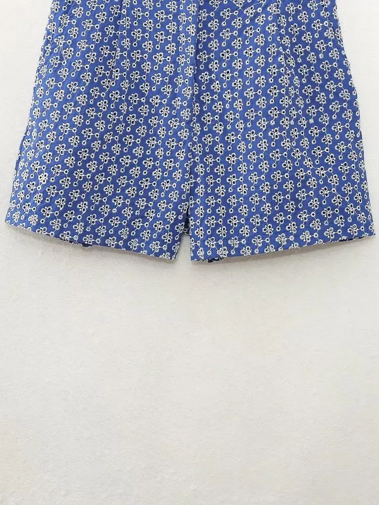 Withered Summer Casual Cotton Shorts Women Fashion Ladies Country Style Retro Embroidery Blue Bermuda