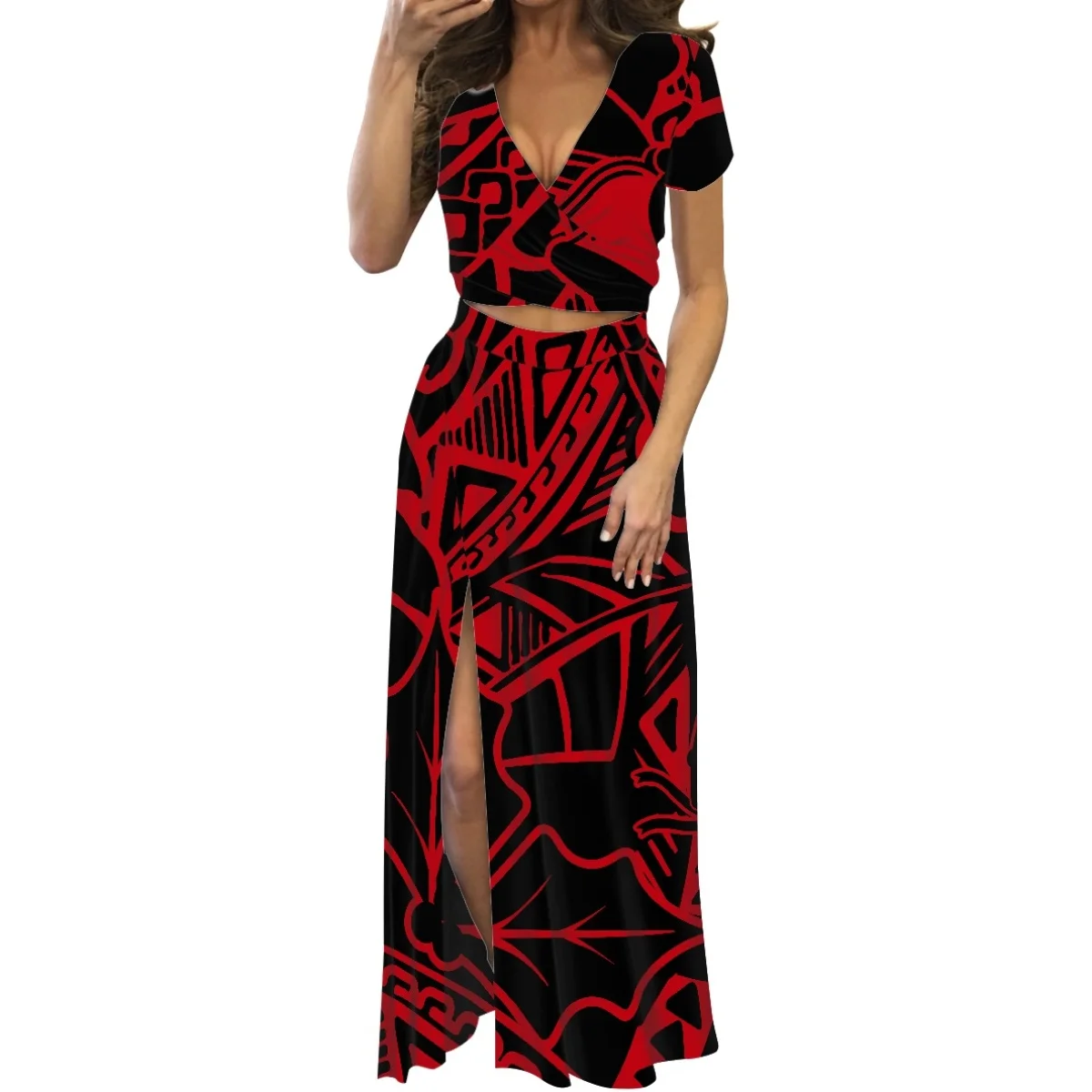 

HYCOOL Polynesian Tribal Dark Red Hibiscus Print New Hawaii V-neck Short Sleeve Elegant Women's Guest Wedding Party Dress 2023