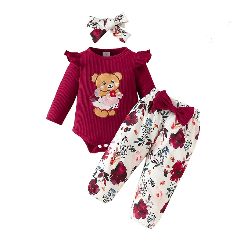 

0-18 Months Infant Outfit Long Sleeve Pit Strip Little Bear Onesies Floral Trousers Headband 3Pcs Sets Baby Girls Clothes Suits