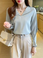 2022 spring white blouse women fashion v neck satin long sleeve elegant office ladies shirts casual tops and blouses femme