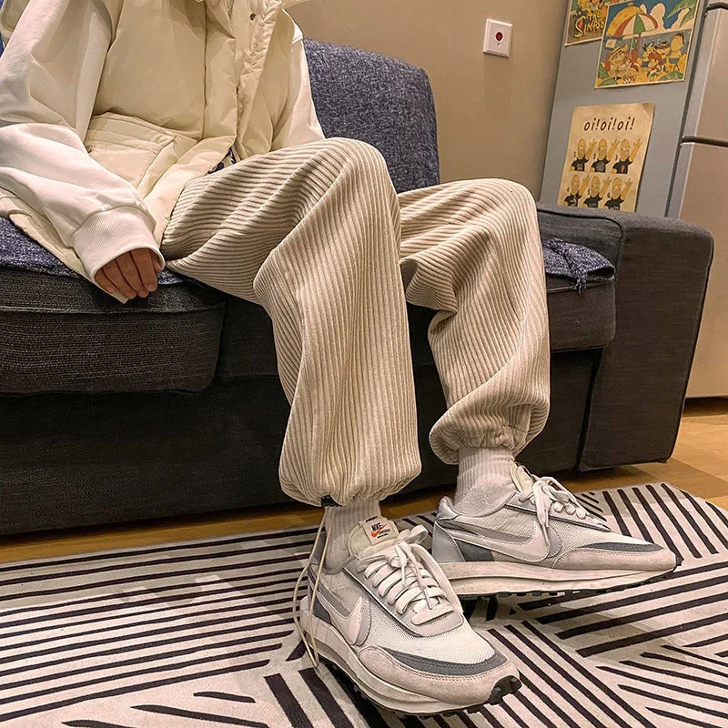 

Privathinker Man Casual Tie Leg Straight Pants Woman Corduroy Solid Color Oversize Trousers Man Warm Korean Streetwear Pants