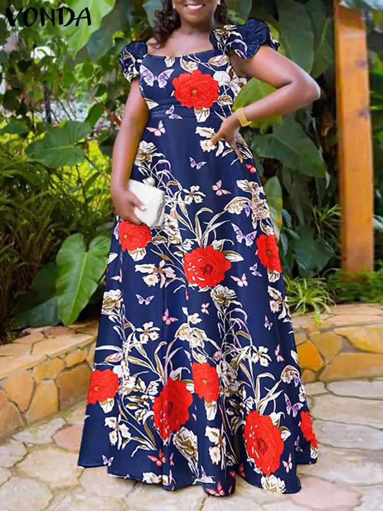 

Богемное летнее платье VONDA 2023, женское сексуальное пляжное плиссированное платье с квадратным вырезом и оборками, женское платье с цветочным принтом