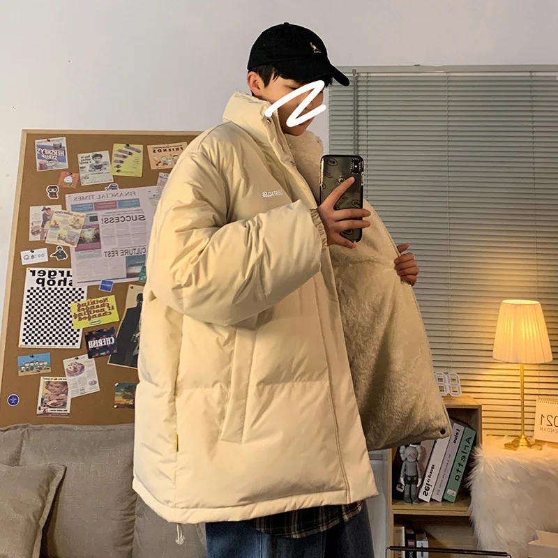 

Fleece Thicken Letter Graphic Men Winter Coat Oversize Parkas Korean Style Male Coat Warm Casual Jackets For Men