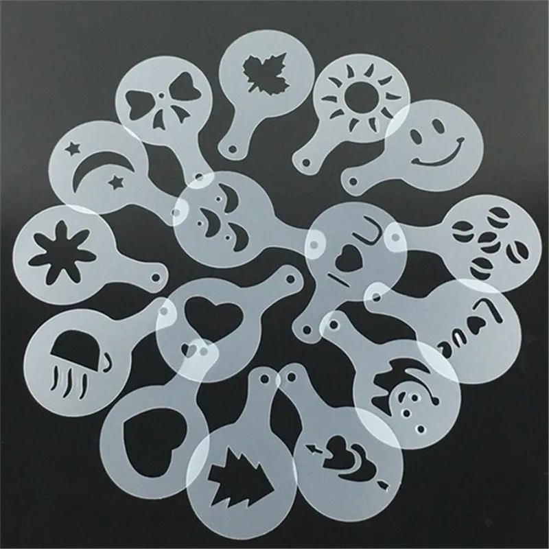 16 PCS/ Set Mixed Styles Cappuccino Latte Coffee Stencils Duster Cake Mold Spray, Coffee DIY Art Stencils images - 6