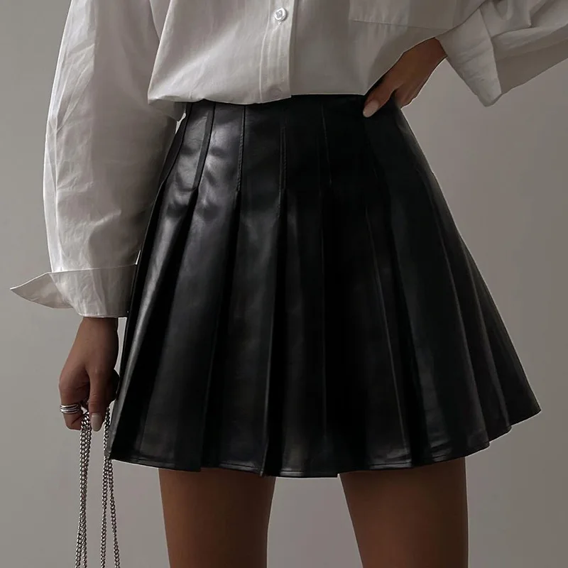 

2022 Solid Color Y2k Pleated Leather Skirt High Waist Street Sexy PU Skirt
