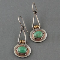 tribal vintage green stone dangle hook earrings women ethnic two tone metal handmade earrings jewelry