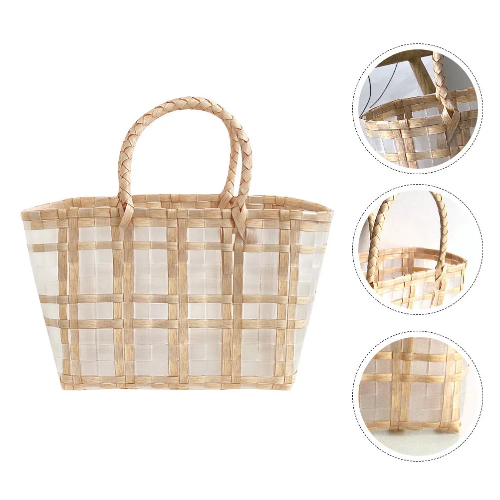 

1Pc Hand Basket Weaving Storage Basket Vegetable Basket Shopping Basket Waterproof Beach Bag Handbag Laundry Basket