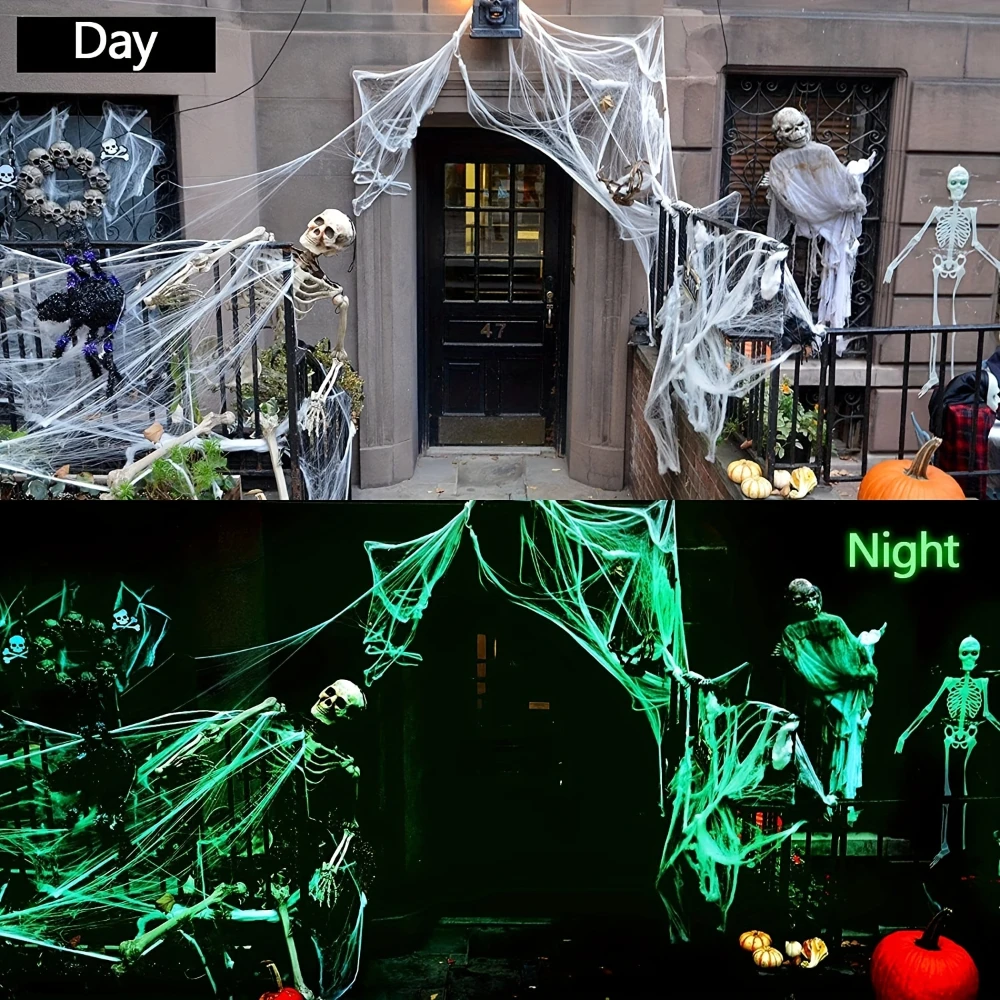 

Glow in The Dark Spider Webs and Fake Spiders White Stretch Cobwebs for Halloween Indoor Outdoor Horror Decoration Prop