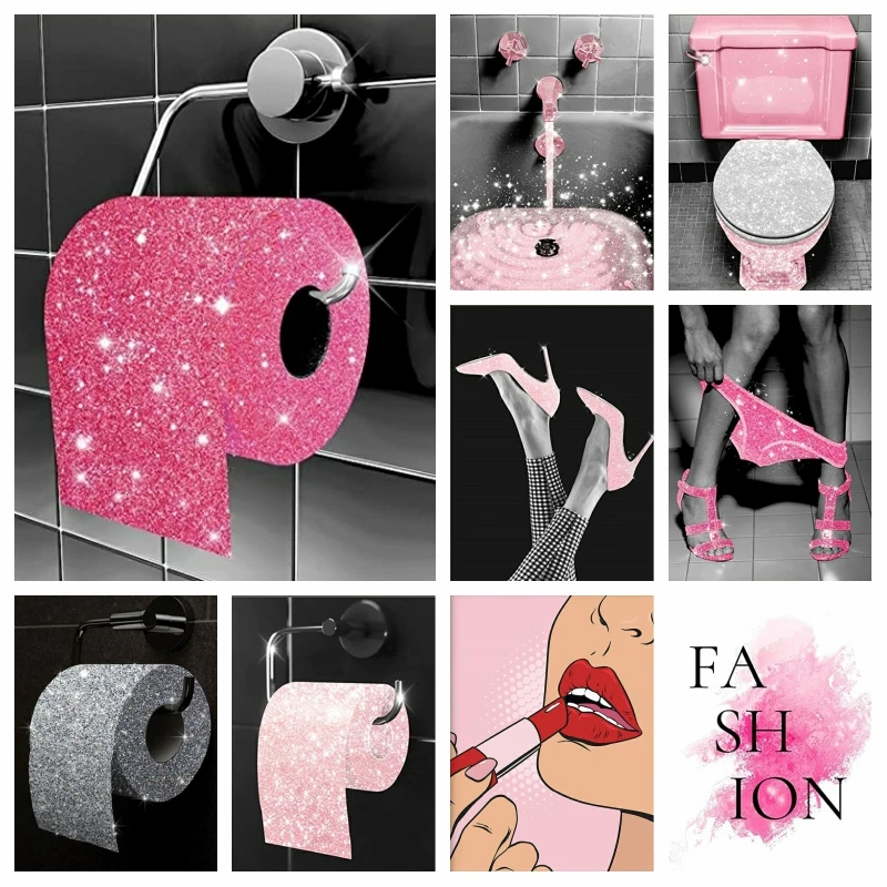 Pink Glam Glitter Tissue Diamond Mosaic Painting Diy Embroidery Funny Modern Women Bathroom Toilet Diamond Art Bathroom Decor