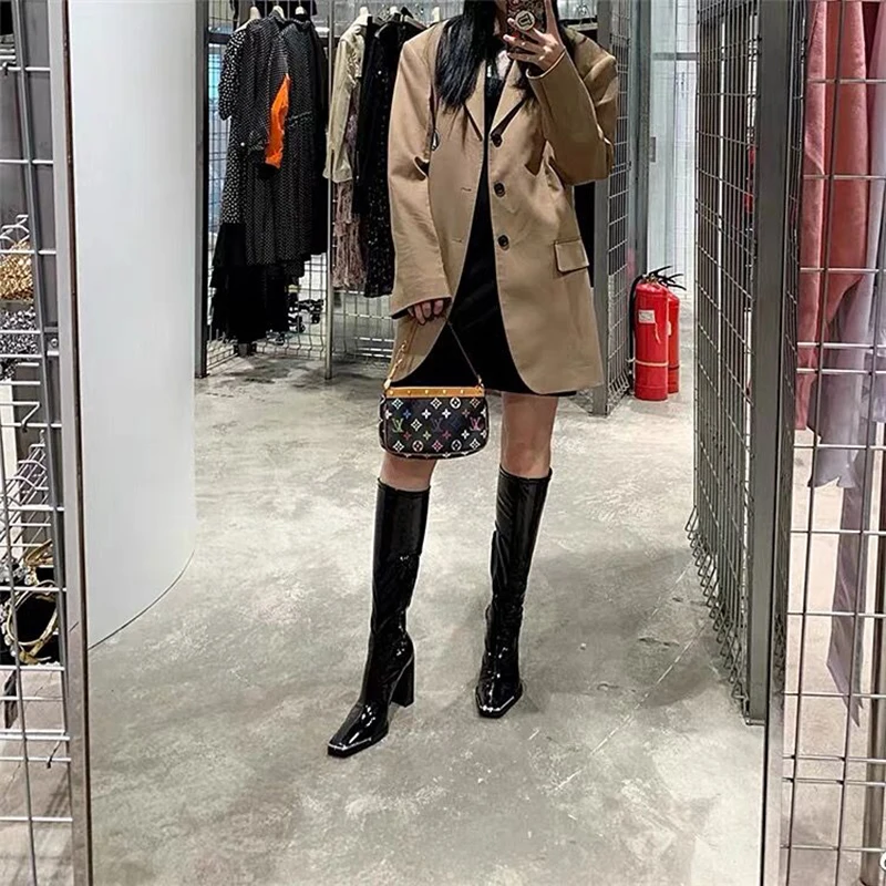 ZOOKERLIN Metal Square Toe Side Zipper Patent Leather Women's Boots Winter Solid Color Fashion Sexy Boots Slim Thick High Heels