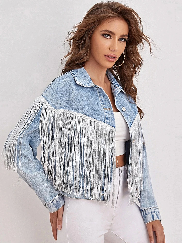 

New Spring Women Loose Tassel Washed Blue Denim Jacket Streetwear Female Retro Short Coat Ladies Outwear