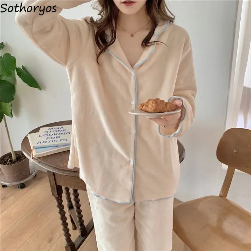 

Gentle Fluffy Pajama Sets Women Tender Loose Single Breasted Cute Casual Nightwear Lounge Stylish Warm All-match Fall Winter Ins
