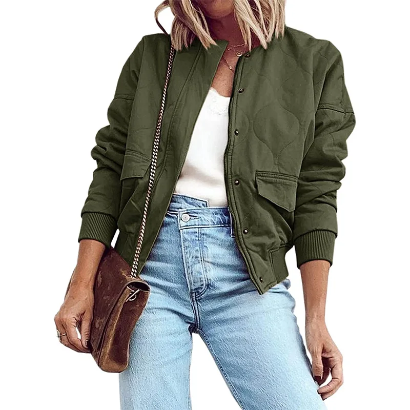 

2022 Women Spring Jacket Stand Collar Solid Color Long-Sleeved Jacket Coat Women's Casual Fashion Zipper Covered Button Top