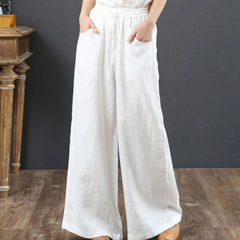 

2023 Cotton Linen Wide Leg Women's Pants Spring High Waist Solid Drawstring Loose Ankle-length Trousers For Female Plus Size