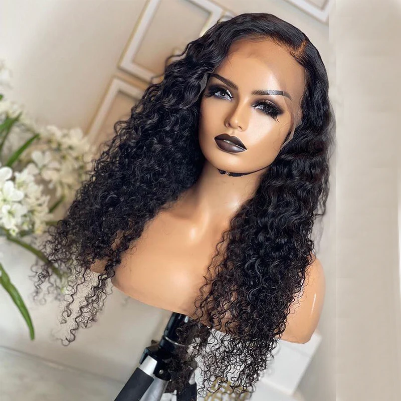 200%Density 26Inch Natural Color Long Curly Glueless Lace Front Wig For Women With Baby Hair Natural Hairline High Temperature