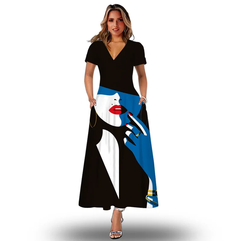 

Woman Vintage Long Dress Summer Casual Beach Holiday V Neck Vestidos Party Elegant Slim short-sleeved Print Dresses Women