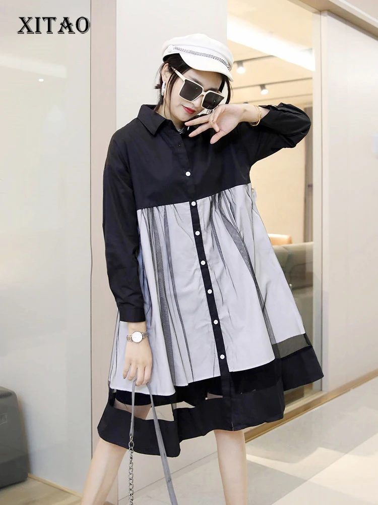

XITAO Patchwork Mesh Single Breasted Dress Loose Long Sleeve 2023 Spring New Arrival Casual Fashion All Match FBB1629