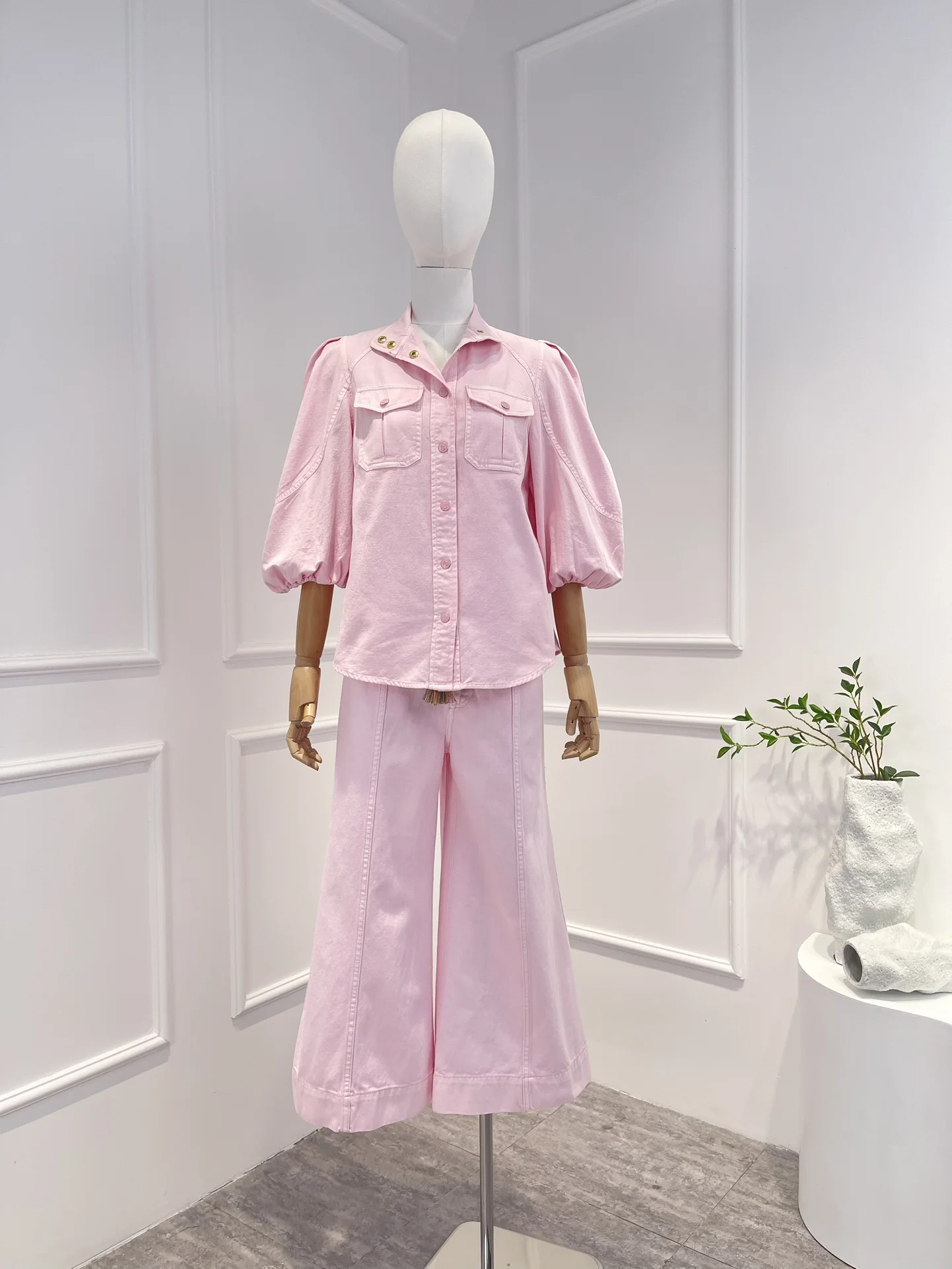 

2023 весенне-летние однотонные розовые женские высококачественные повседневные женские джинсовые блузки и брюки с поясом