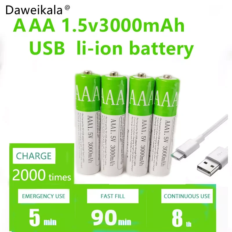 

New2021 USB AAA Rechargeable Batteries 1.5V 5500 mAh li-ion battery for remote control mouseElectric toy battery + Type-C Cable