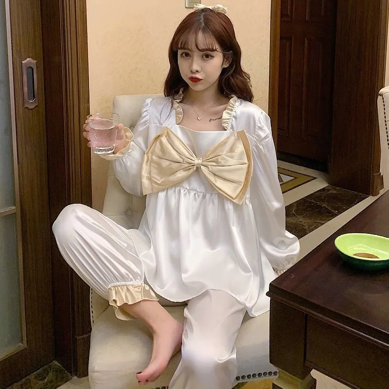 Big Bow Pajamas Set Fashion Princess Neck Sleepwear For Women Pyjama Women's Soft Sweet 2022 Fashion Homewear Clothes Plus Size