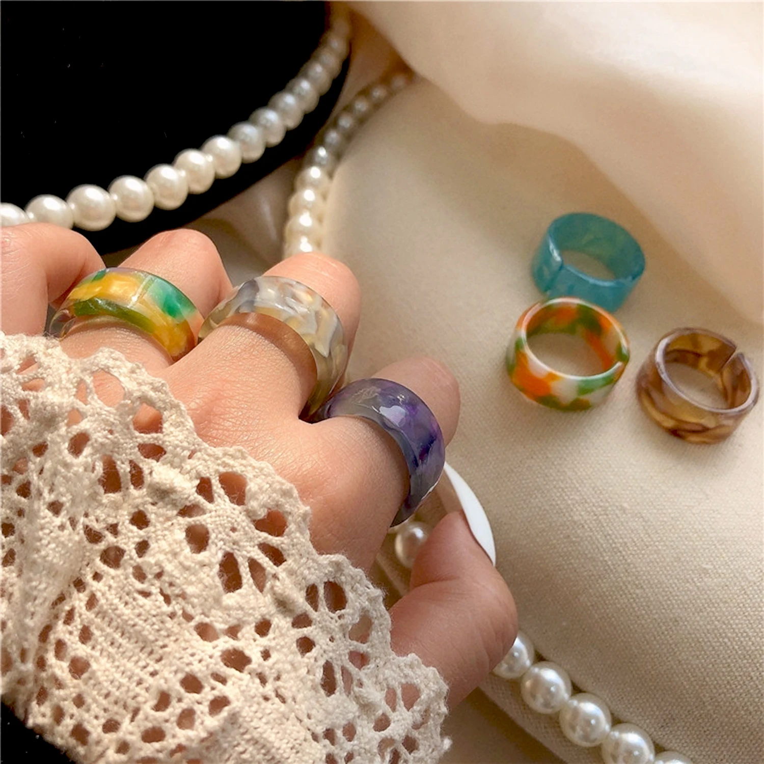 

5Pcs Transparent Resin Acrylic Rings Set Ins Aesthetic Colorful Adjustable Opening Ring Female Charm Jewelry Gift Party Wedding