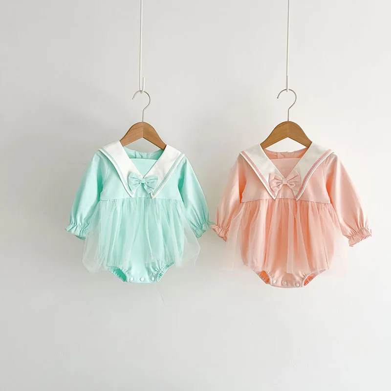 

Baby Bodysuit Bowknot Sailor Collar Candy Color Baby Girl Mesh Long Sleeve One Piece