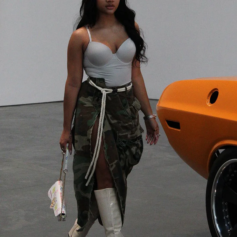 Женская камуфляжная юбка-карандаш с завышенной талией средней длины | Юбки