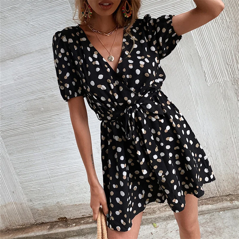 Polka Dot Wide Leg Casual Oversize Romper Playsuit Autumn Black Casual Overalls Sash V Neck Summer Short Jumpsuit