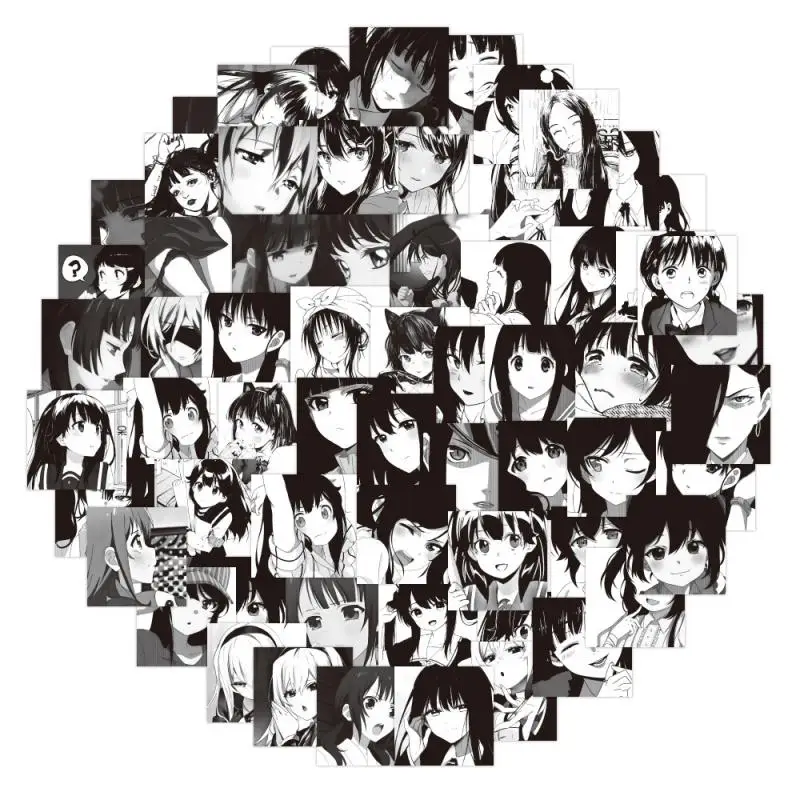 

60Pcs Anime Girls Black White Cartoon Stickers for Fridge Helmet Laptop Pvc Waterproof Decoration Stickers Child Classic Toys