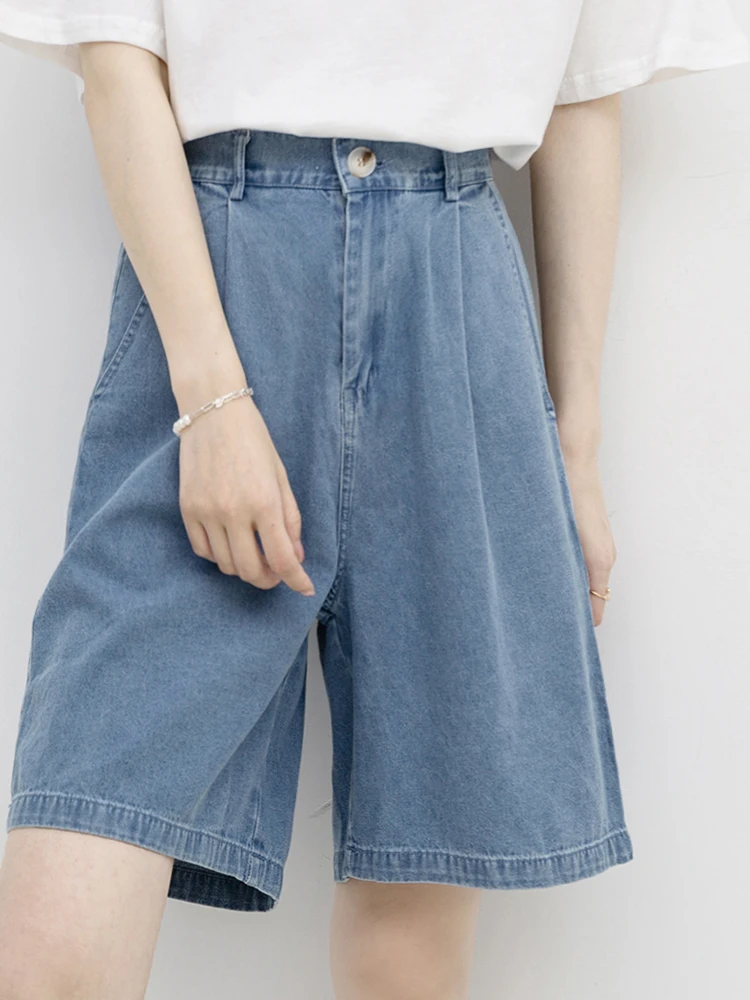 New Women Vintage High Waist Loose Blue Denim Shorts Spring Summer Female Button Straight Jeans Shorts Bottoms