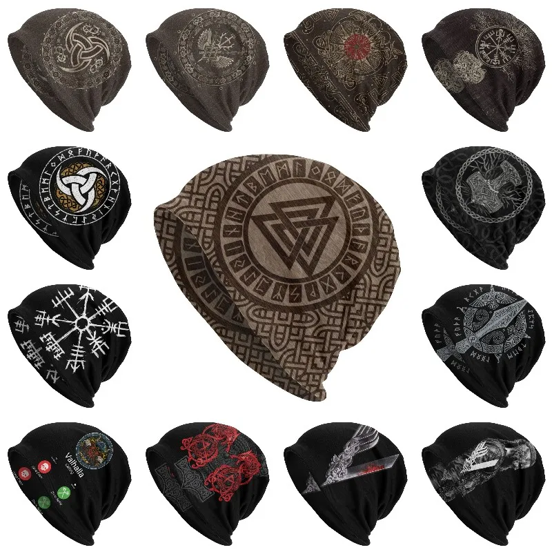 

Vikings Valknut And Runes Bonnet Hats Winter Warm Knitting Hats Outdoor Tree Of With Triquetra Skullies Beanies Caps