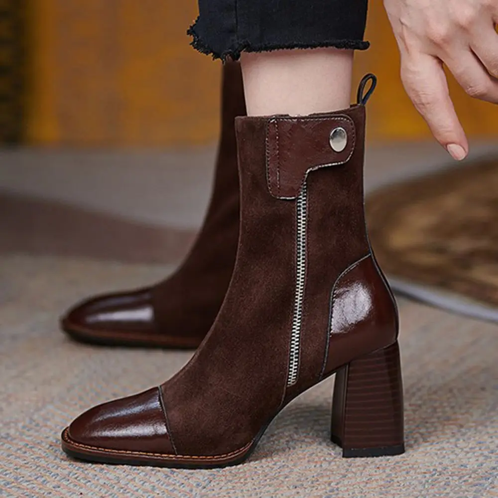 

Retro Women's Square Toe Ankle Boots Autumn Winter Female Zipper Square High Heels Warm Suede Fashion Women's Short Boots ks676
