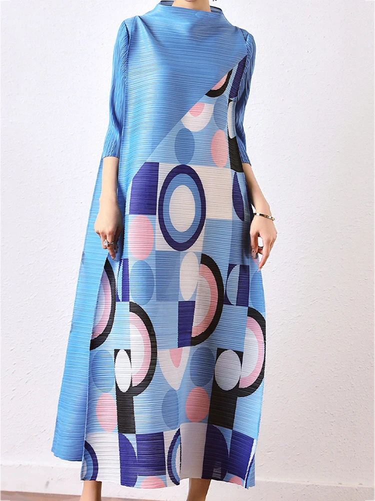 

Miyake Pleated Dress 2022 Autumn Winter Long Dress Women Geometric Print Turtleneck Loose Fashion Dress Ladies Elegant Clothing