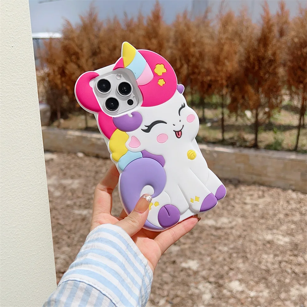 Cute 3D Cartoon Rainbow Unicorn Horse Case For iPhone 12 13 14 15 Pro Max Soft Silicone Anti Fall Cover Phone Cases
