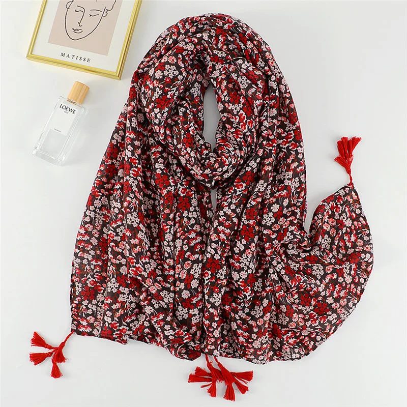 

2022 Autumn Fashion Aztec Polka Floral Tassel Viscose Shawl Scarf Lady Print Soft Wrap Thin Headband Bufandas Muslim Hijab Sjaal