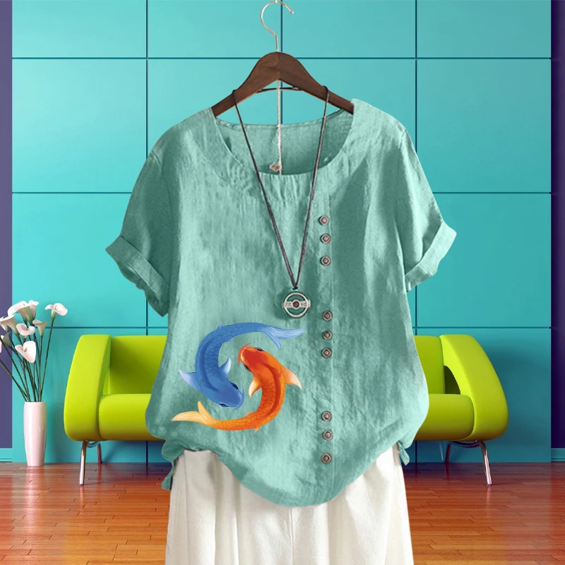 

Vivid Fish Pattern Casual Round Neck Shirt for Women Popular Solid Color T Shirt Pullover Lady's Printed Summer Short Sleeve
