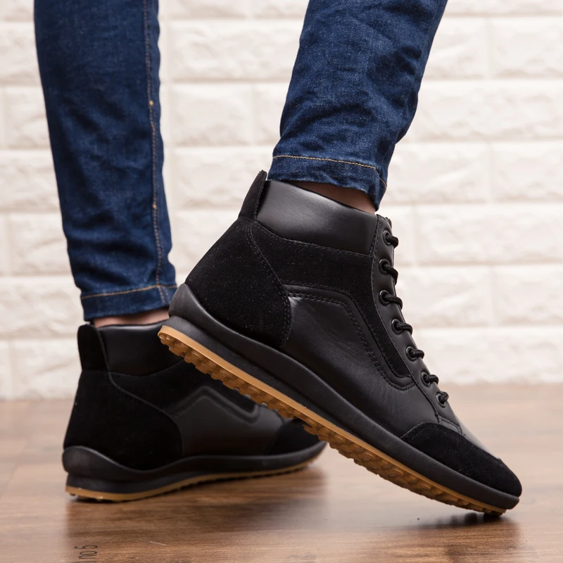 Men's PU Leather Boots Male Casual All Matching Spring Autumn Lace Up High Top Flat Shoes