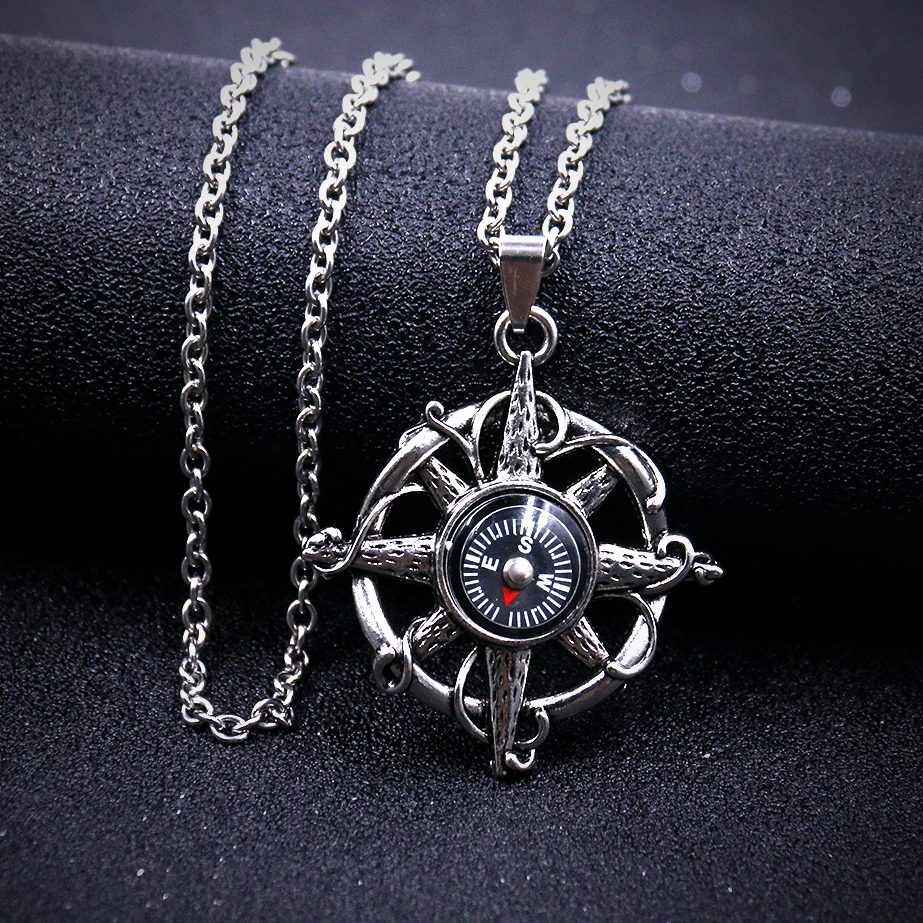 Свердный винтажный кулон на удачу с компасом, ожерелье для выхода, двойной амулет в виде направления, Мужская цепочка для свитера, мужские ювелирные изделия