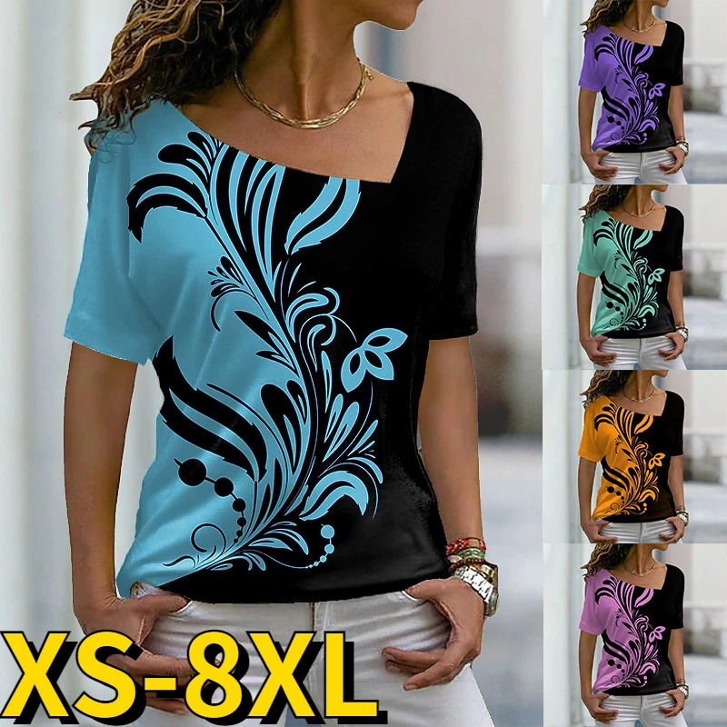 

2022 New Summer Fashion Women's Flower Themed V-Neck T-Shirt Women's Size Vintage Printed Loose Short Sleeve Ladies Clothing