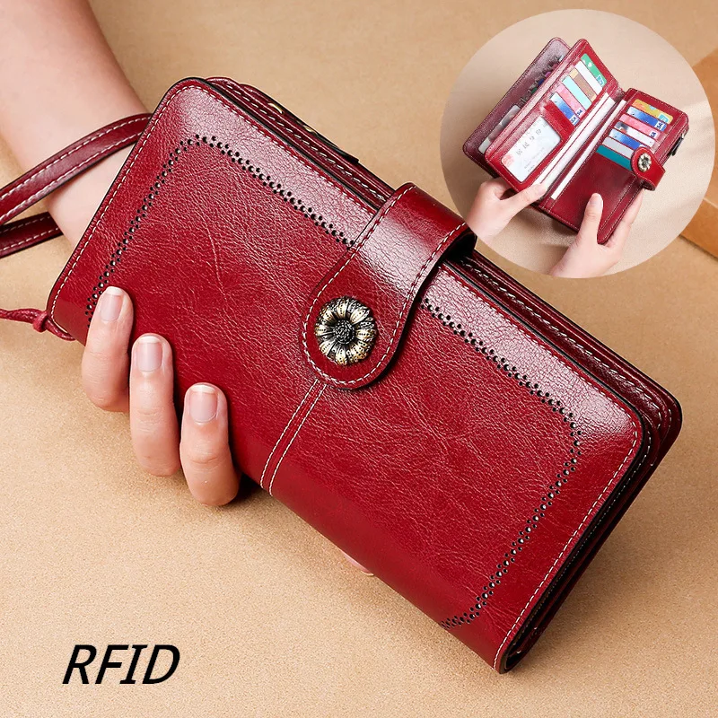

RFID Europe and America Ladies Wallet Genuine Leather Long Multifunctional Clutch Bag Retro Oil Wax Cowhide Ladies Money Clip