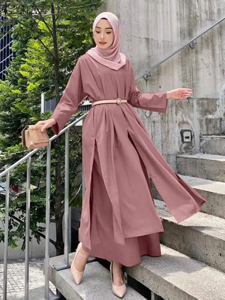 

Мусульманский костюм ZANZEA Eid Mubarek, блузка с разрезом на подоле, брюки с широкими штанинами, женские модные однотонные спортивные костюмы, винтажные комплекты из двух предметов, 2023