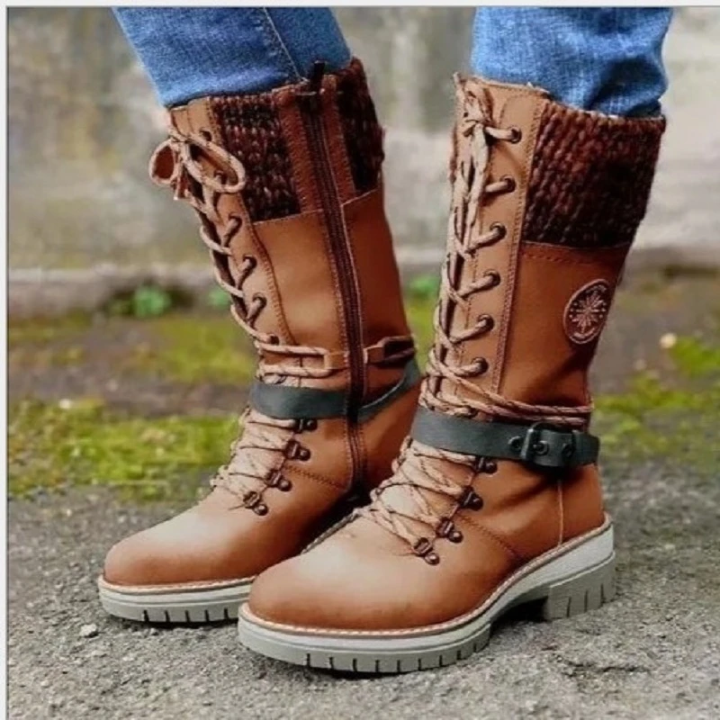 

2022 Women Winter Buckle Lace Knitted Mid-calf Boots Low Heel Round Toe Boots Top Quality Winter Warm Boots Women Botas De Mujer