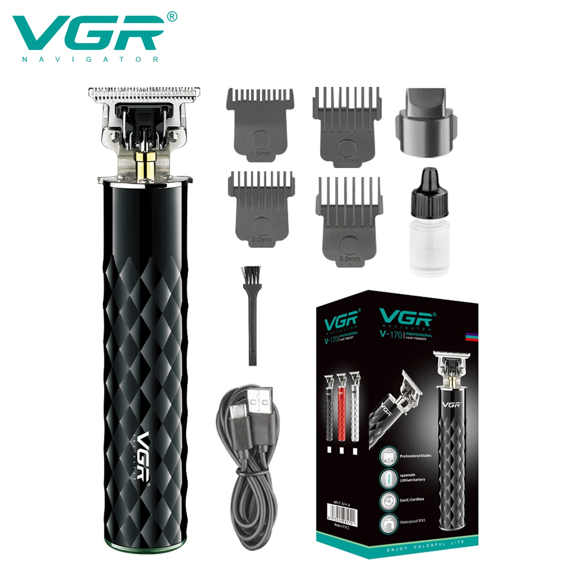 

VGR Hair Clipper Professional Hair Trimmer IPX7 Waterproof Hair Cutting Machine for Men Rechargeable Metal Barber Shaver V-170
