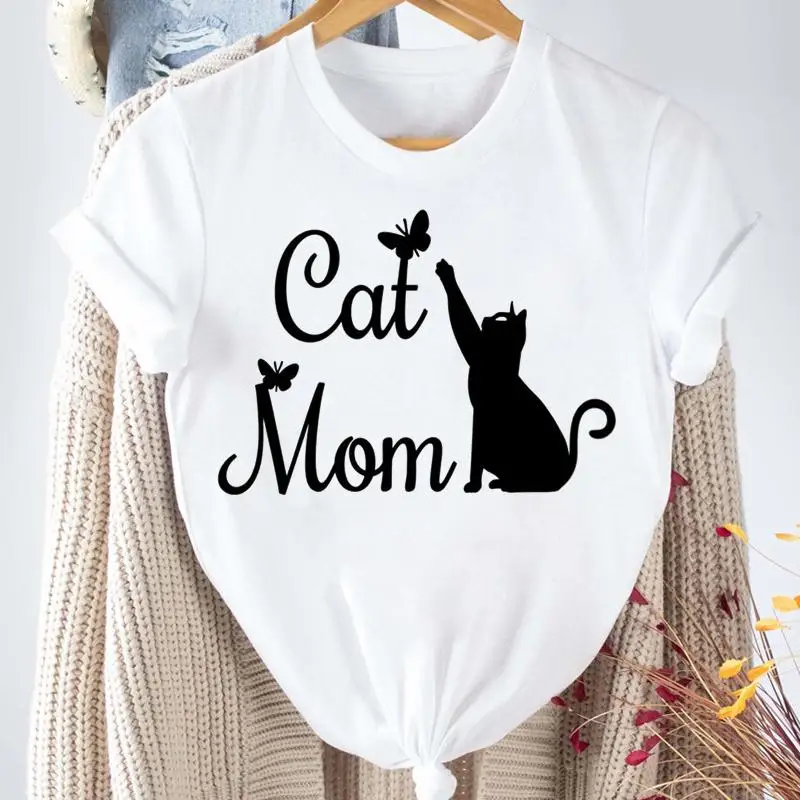 

Women Printing Cat MOM Letter Pet Animal 90s Fashion Short Sleeve Cartoon Print Female Clothes Tops Tshirt Graphic Tees T-Shirt